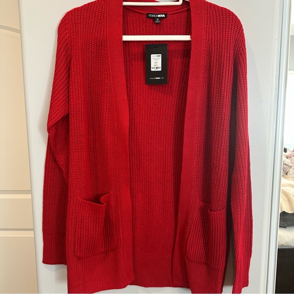 Fashion Nova Sweaters - Fashion Nova Zoe Two Pocket Cardigan - Red (Size M)